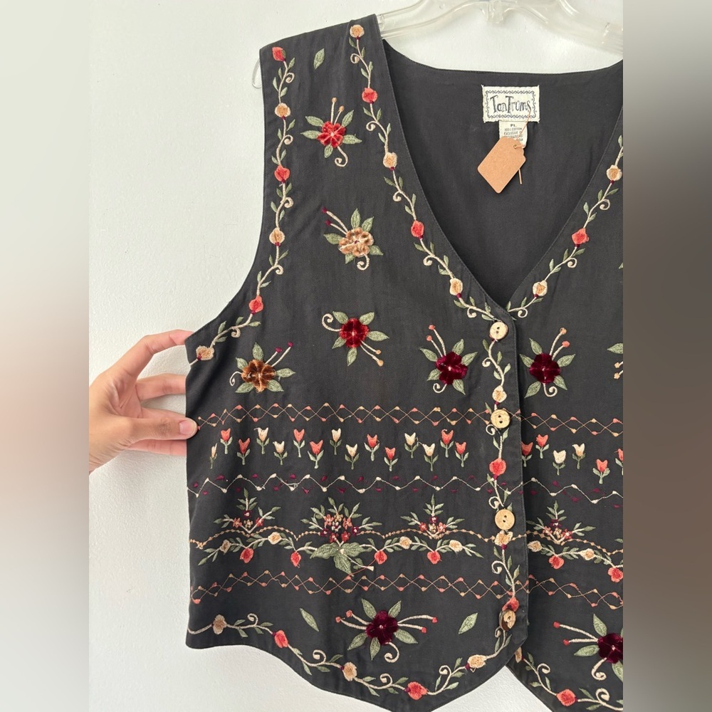 Vintage Cottagecore Grey Black Fairycore Velvet Floral Embroidered Vest - Large - Picture 4 of 7